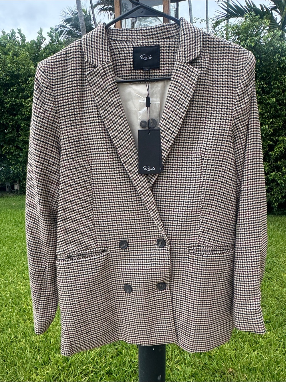 Rails Cambridge Plaid Double Breasted Blazer Brown and Cream Houndstooth  XS NWT